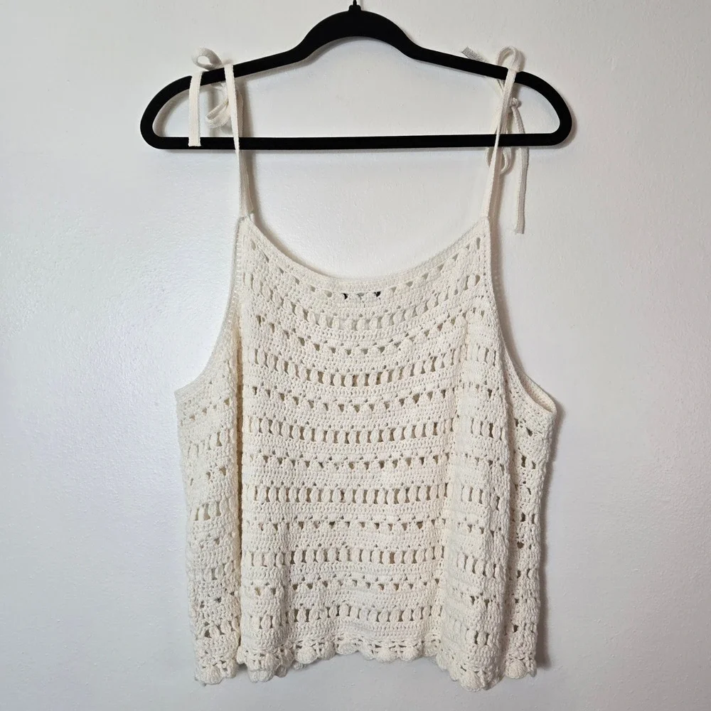 American Eagle Crochet Button Front Cami Tank Top Cream Ivory XL Tie Strap Boho - Picture 3 of 8